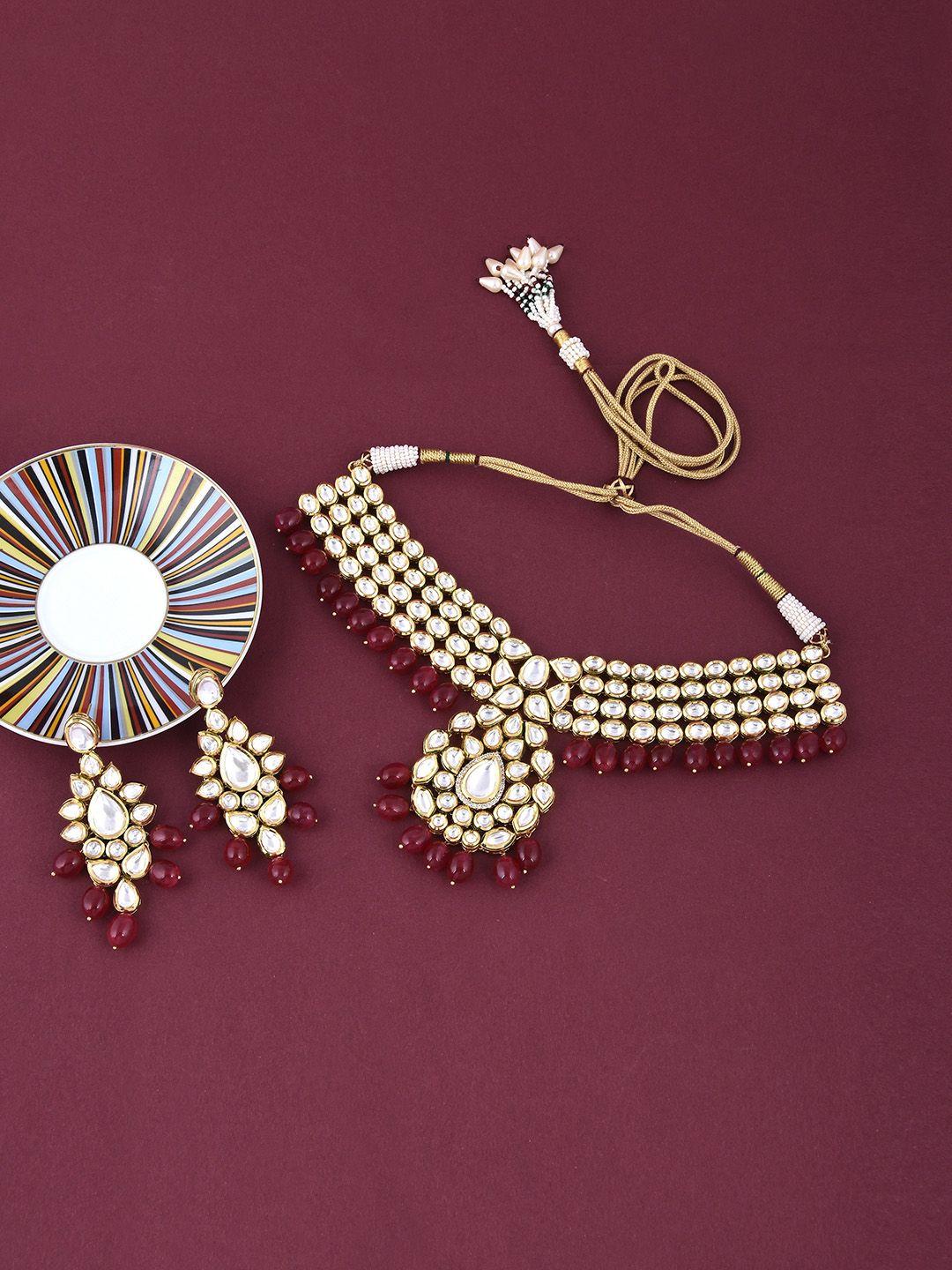 tistabene gold-plated red & white studded kundan meena jewellery set