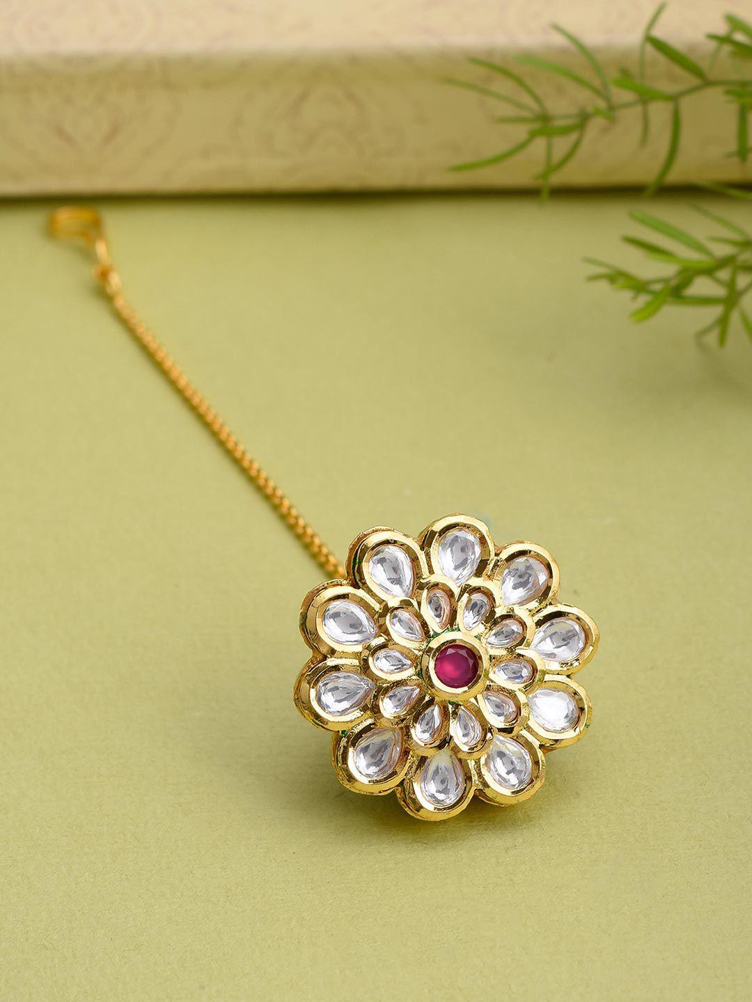 tistabene gold-plated white & red stone studded maang tikka