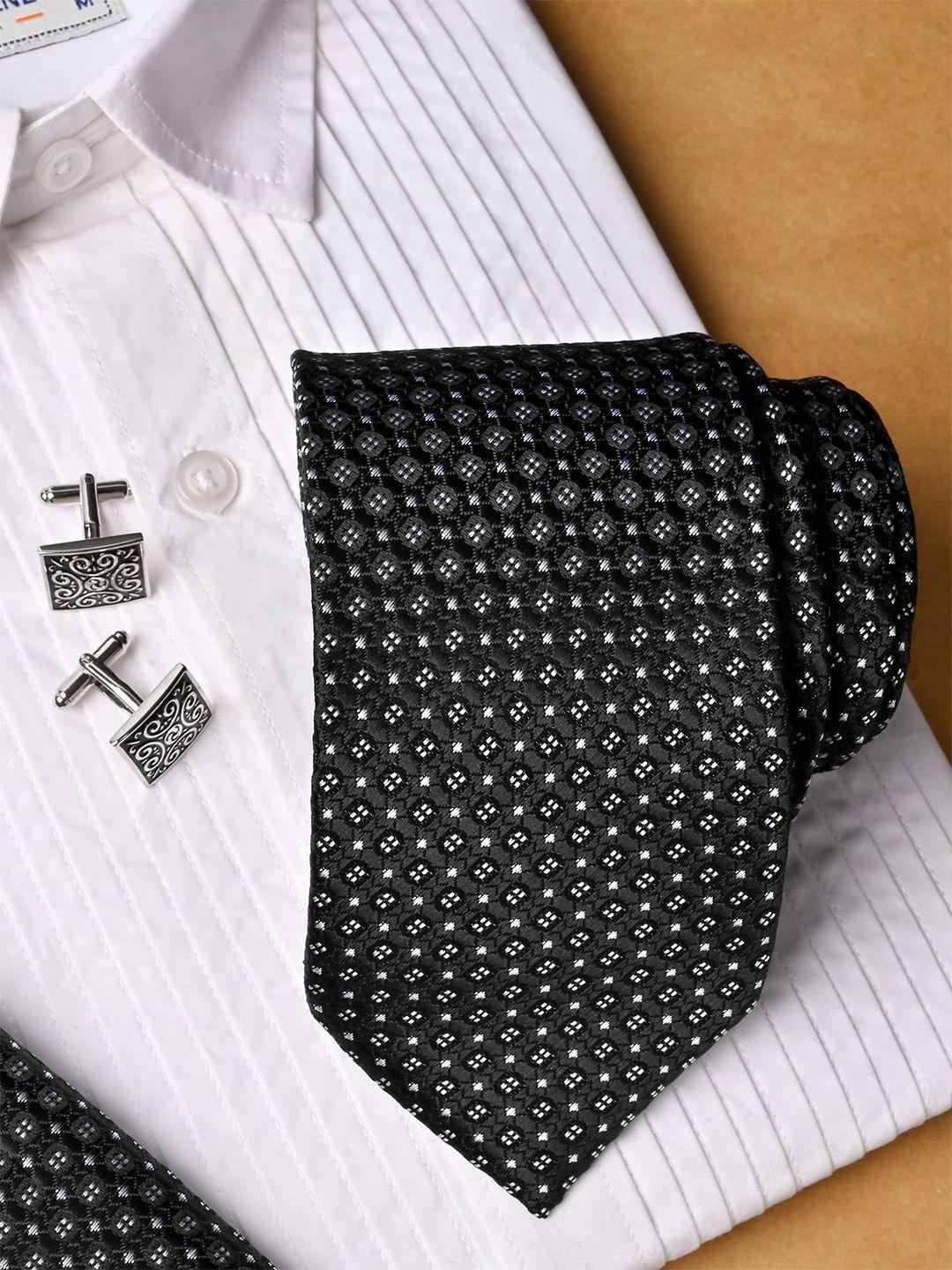 tistabene men geometric printed micro silk necktie with pocket square & cufflinks set