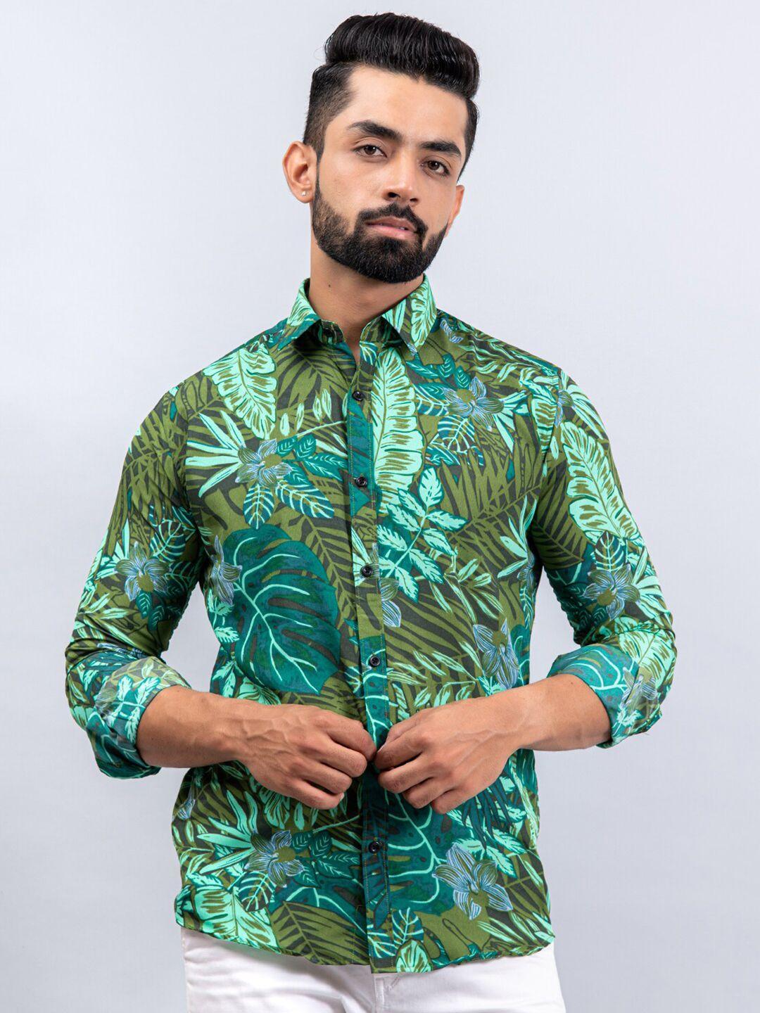 tistabene men green regular fit floral printed crepe casual shirt