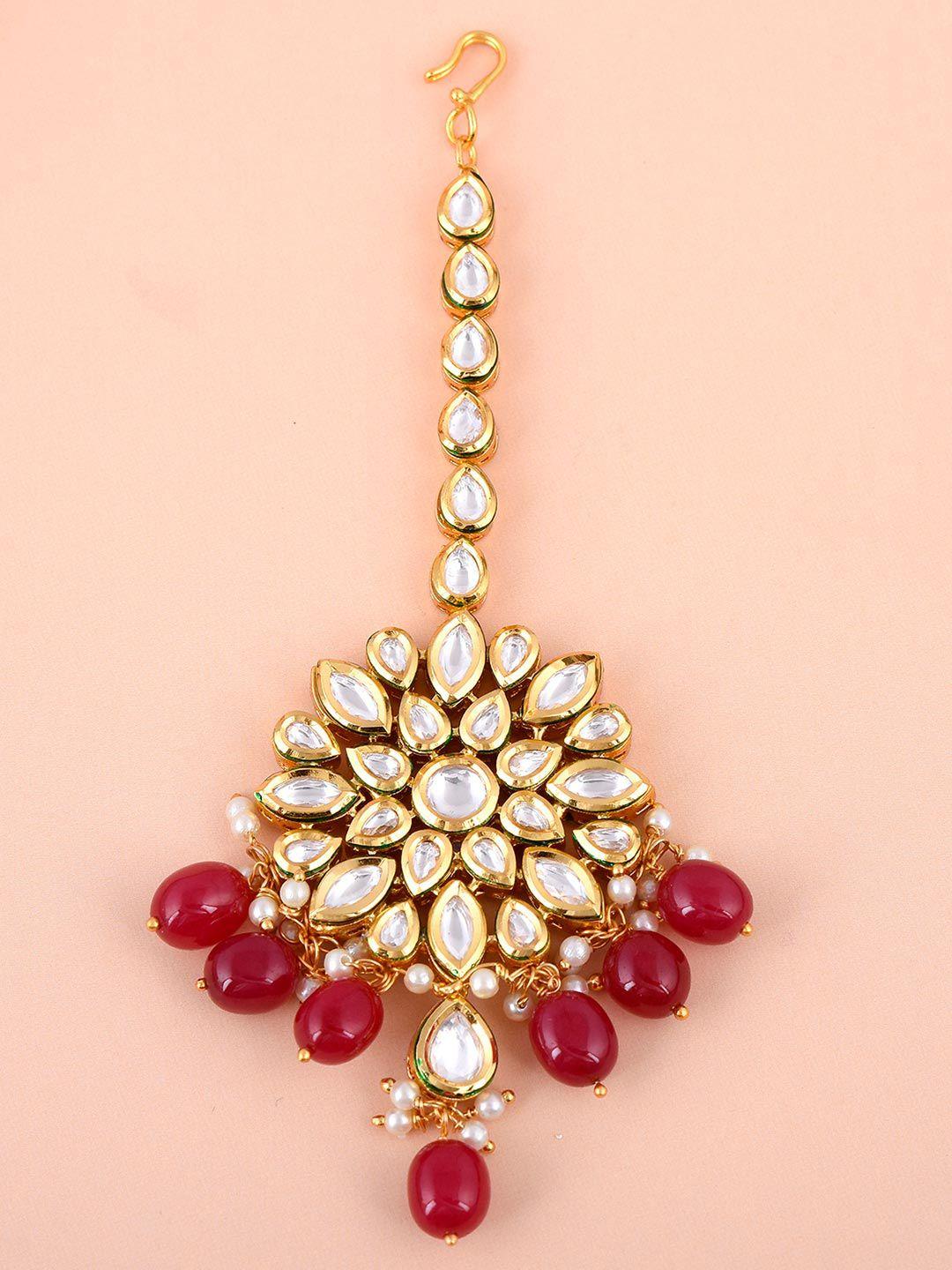 tistabene red & gold-toned gold-plated stone-studded & beaded jewellery set