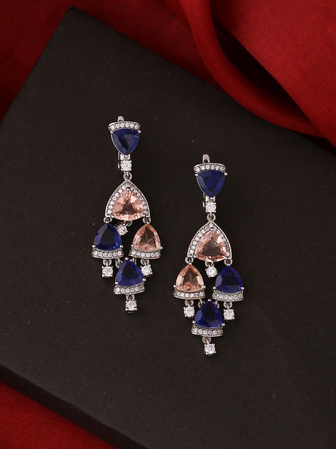 tistabene rhodium-plated, blue & pink stone studded contemporary drop earrings