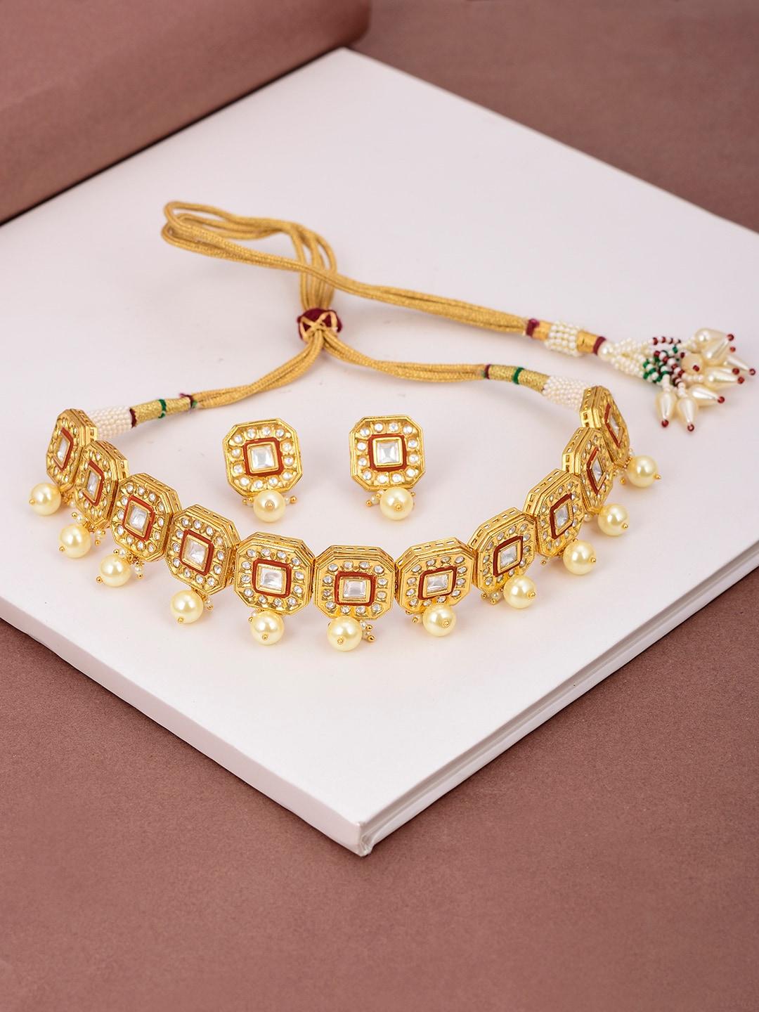 tistabene women gold-plated & pink enamelled stone-studded jewellery set