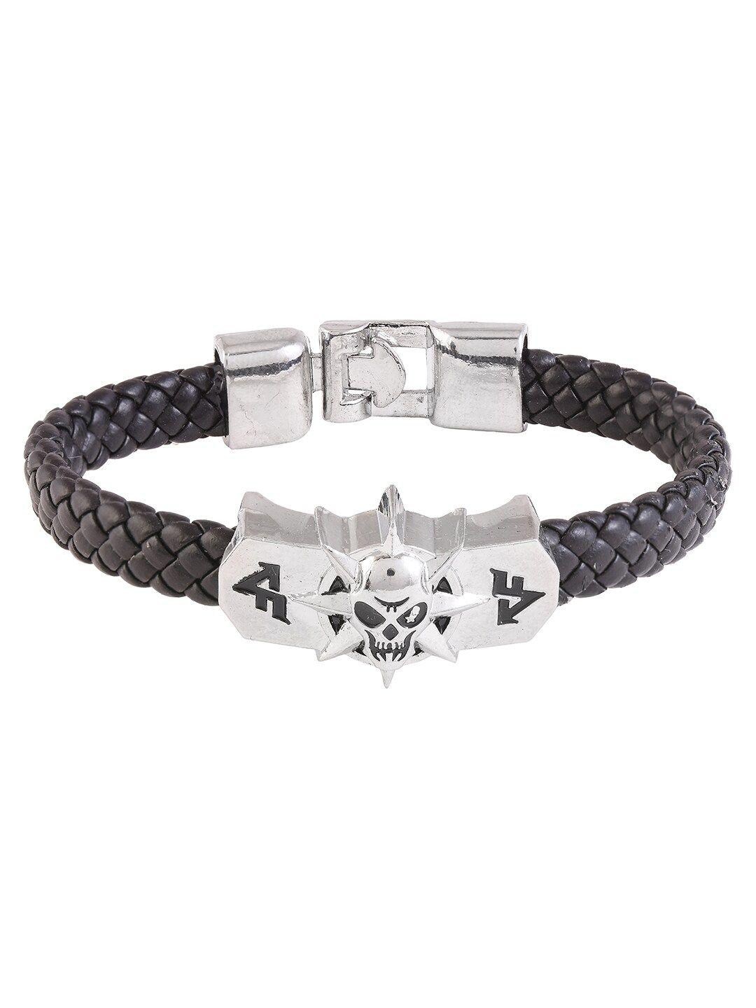 tistabene men black & silver-toned rhodium-plated biker style skull design band bracelet