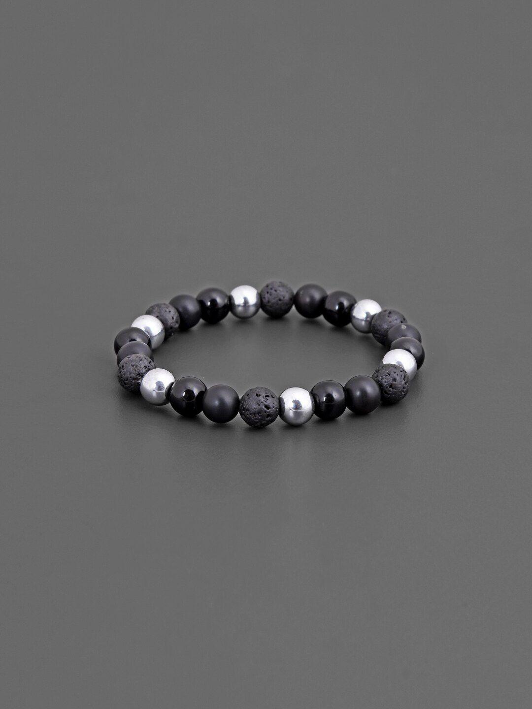 tistabene men black & silver-toned rhodium-plated elasticated metallic bracelet