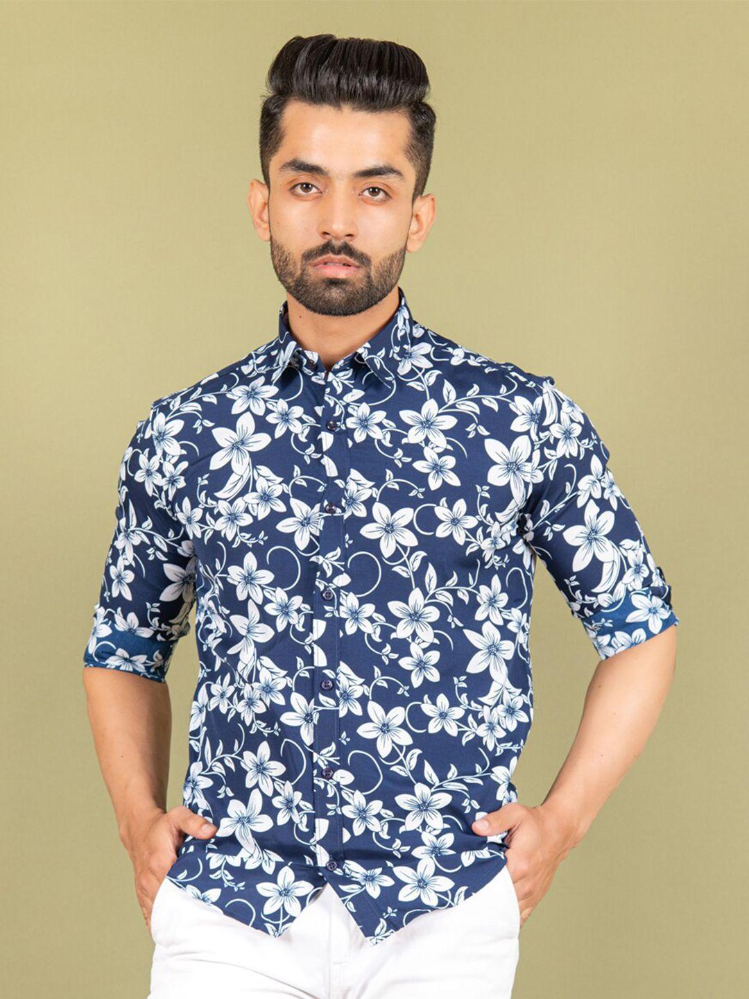 tistabene men blue & white regular fit comfort floral printed casual shirt