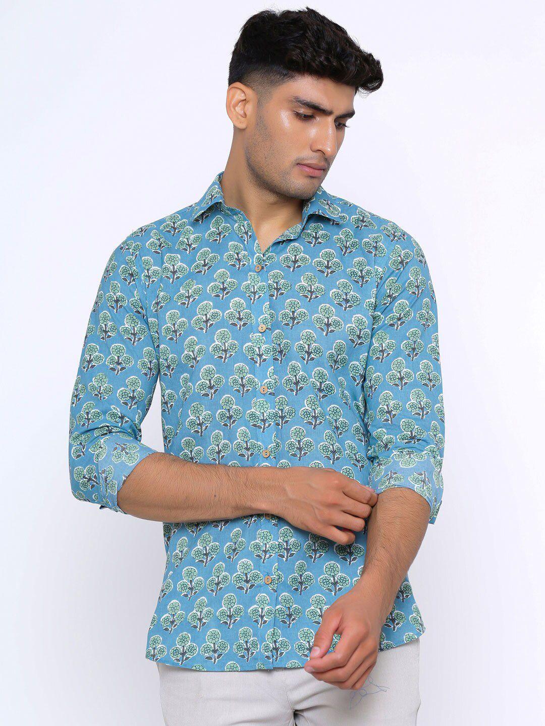 tistabene men blue regular fit comfort floral printed cotton casual shirt