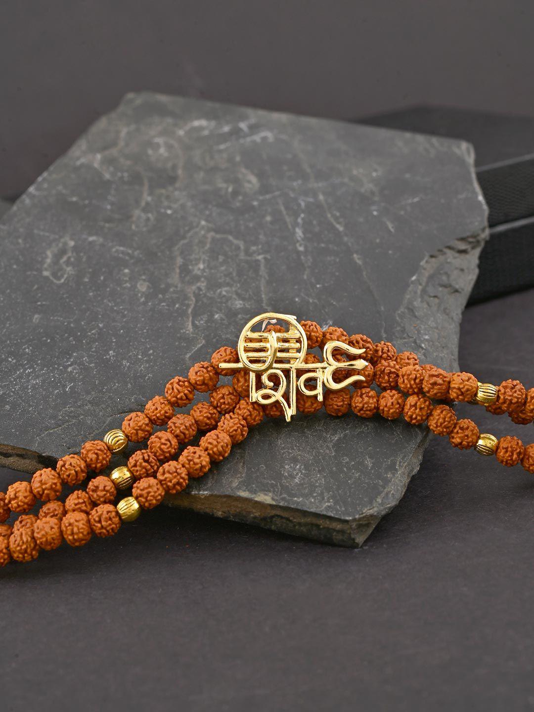 tistabene men gold-plated & brown shiva trishool three strand rudraksha charm bracelet