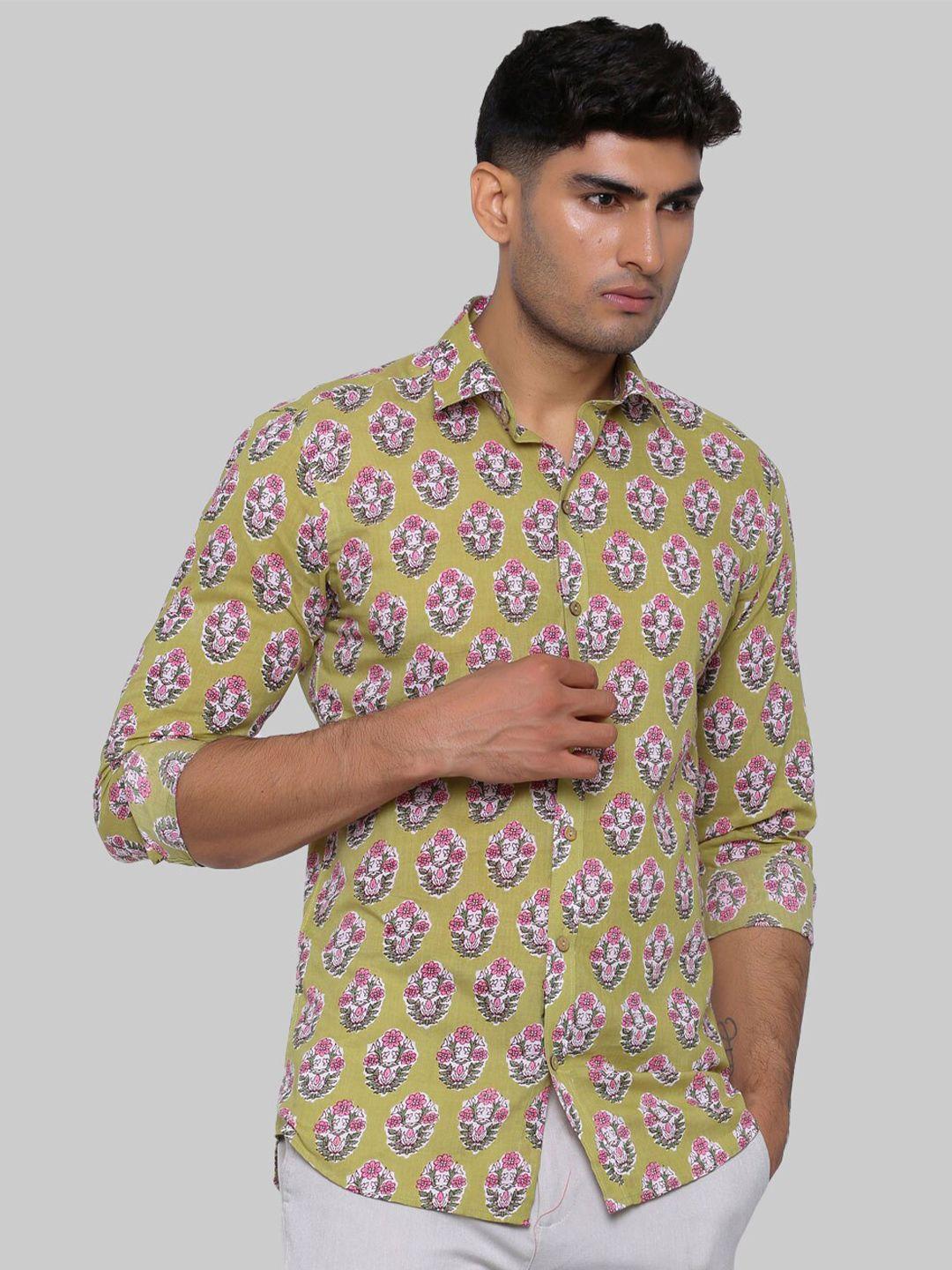 tistabene men green premium regular fit floral printed cotton casual shirt