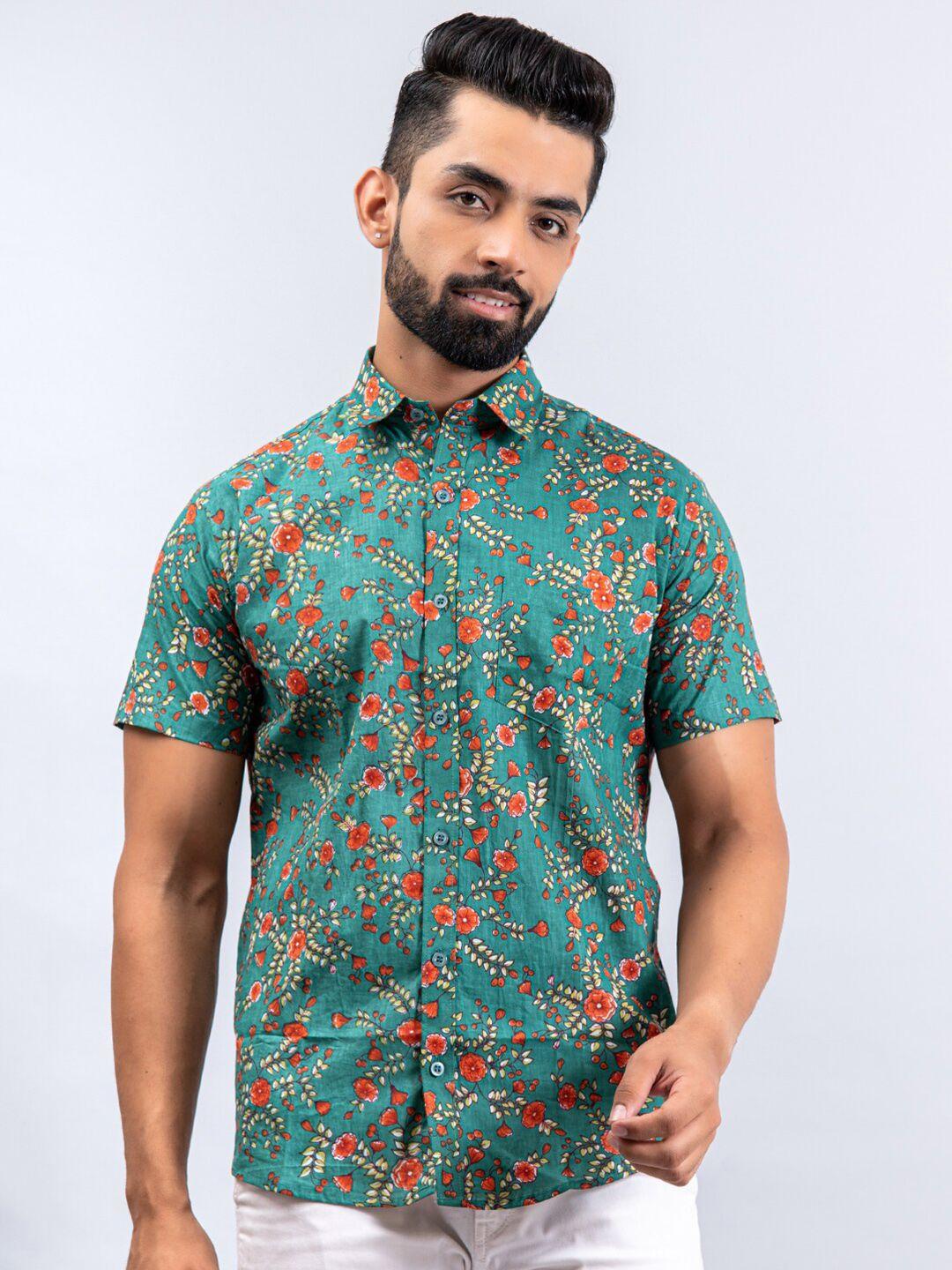 tistabene men sea green regular fit floral printed cotton casual shirt