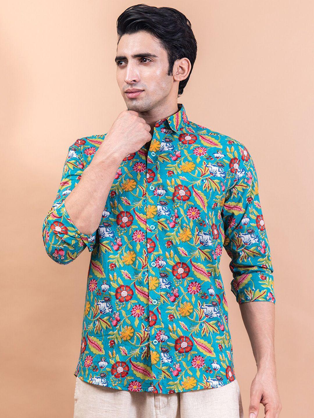 tistabene men teal blue regular fit floral printed casual shirt