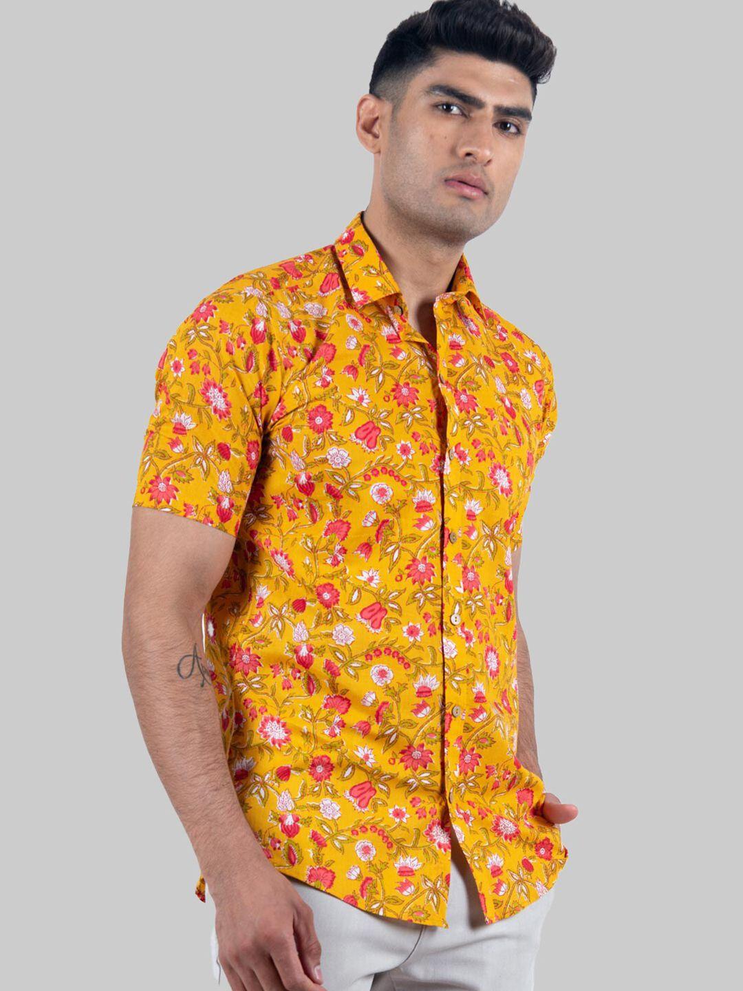 tistabene men yellow premium regular fit floral printed cotton casual shirt