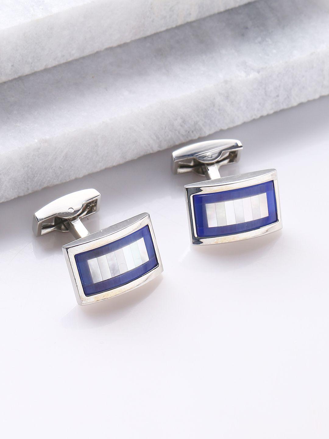 tistabene silver-toned & blue rectangle cufflinks