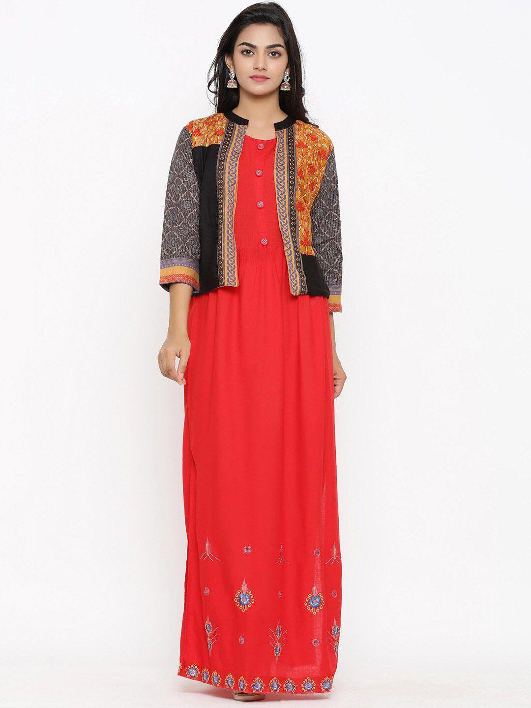 tistabene women black & red ethnic motifs printed thread work kurta