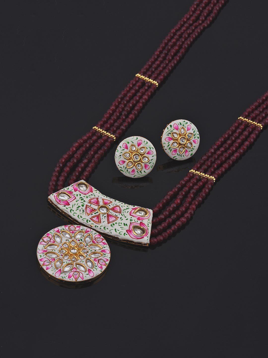 tistabene women red & gold-toned & plated floral enamelled designer necklace set