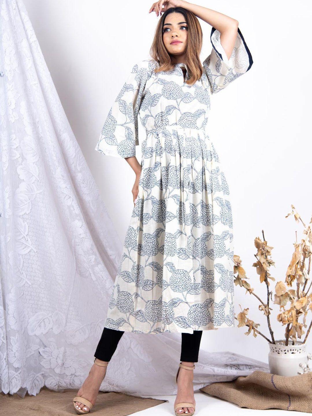 tistabene women white & blue floral printed keyhole neck bell sleeves kurta