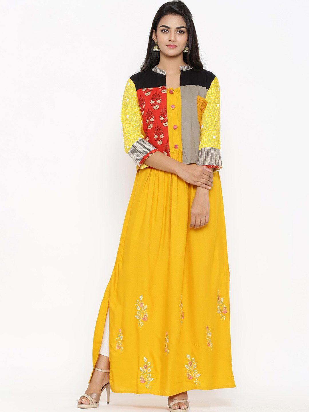 tistabene women yellow & red ethnic motifs printed kurta with jacket