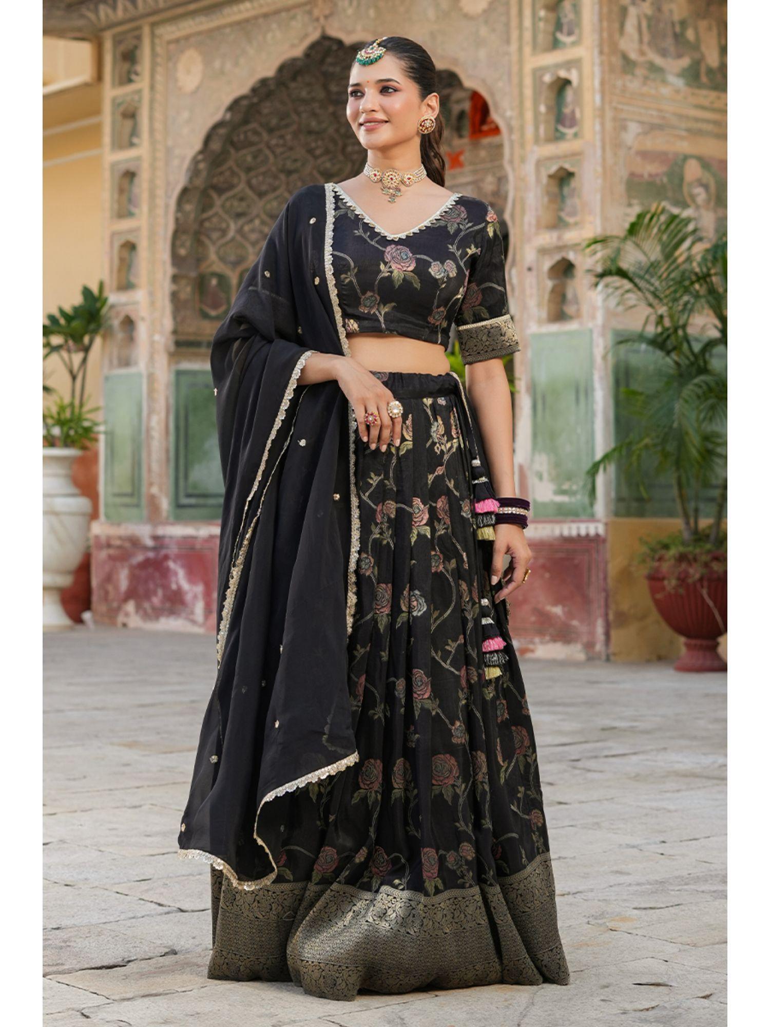 tisya black floral printed jacquard lehenga (set of 3)