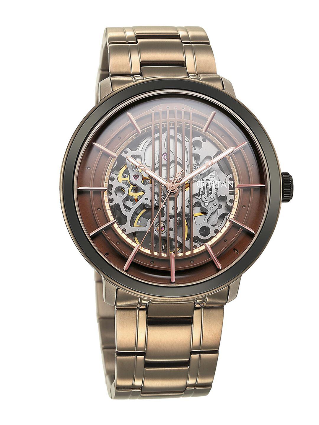titan men bronze dial & stainless steel straps watch 1848km05