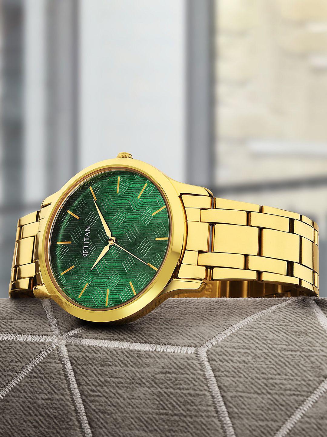 titan men green brass dial & gold toned stainless steel bracelet style straps analogue watch 1825ym07