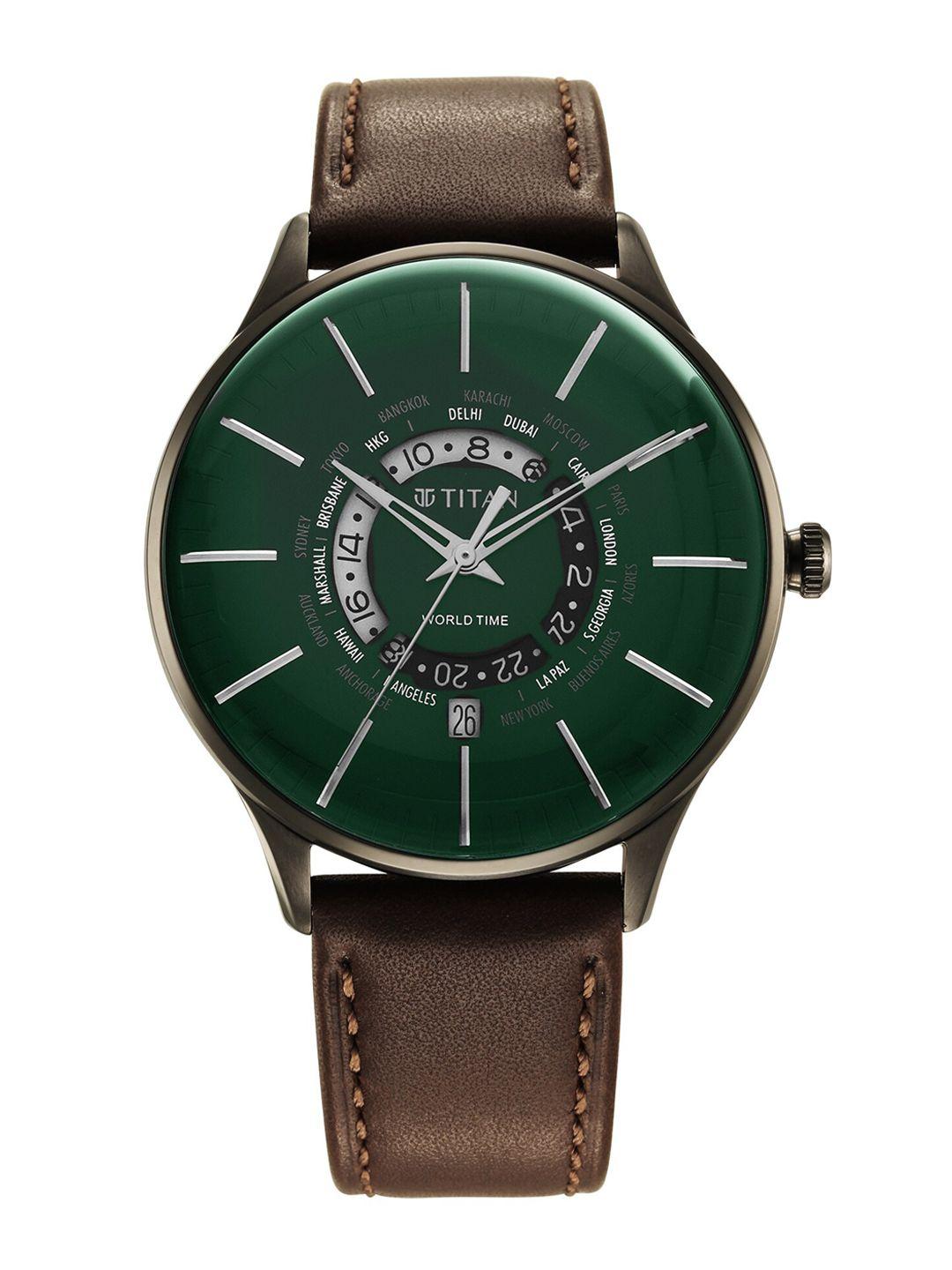 titan men green printed dial & brown leather straps analogue watch