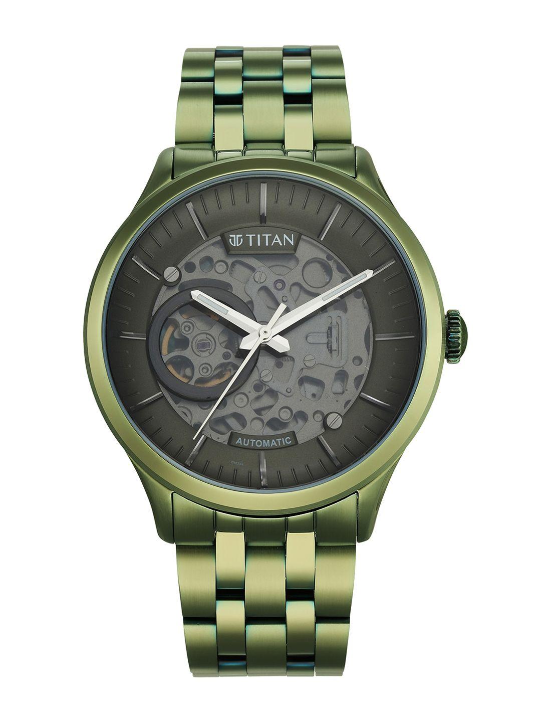 titan men green skeleton dial & green stainless steel bracelet style straps analogue watch