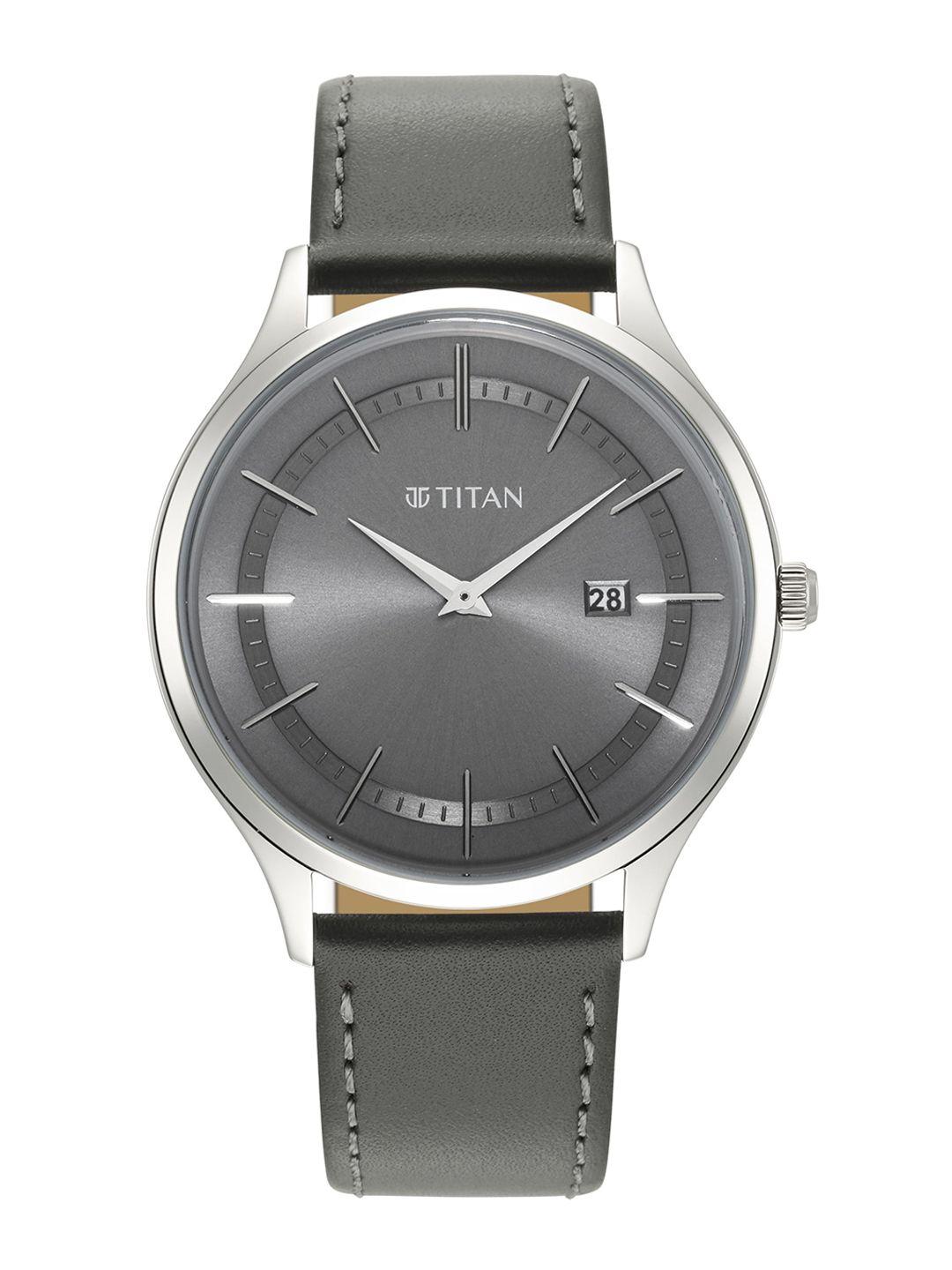 titan men gunmetal-toned dial & green leather straps analogue watch 90142sl01