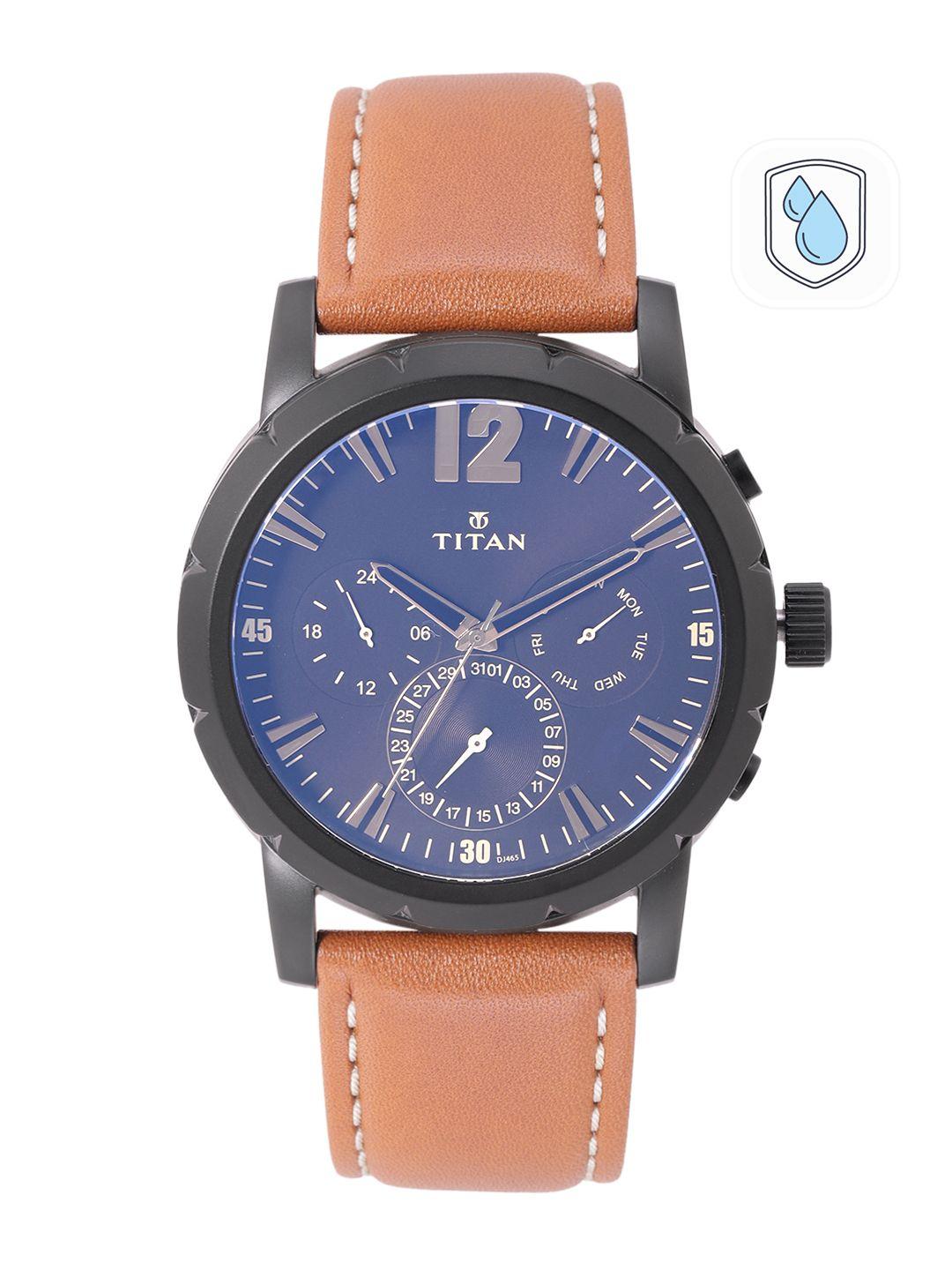 titan men iridescent dial leather straps analogue watch nm90050nl02