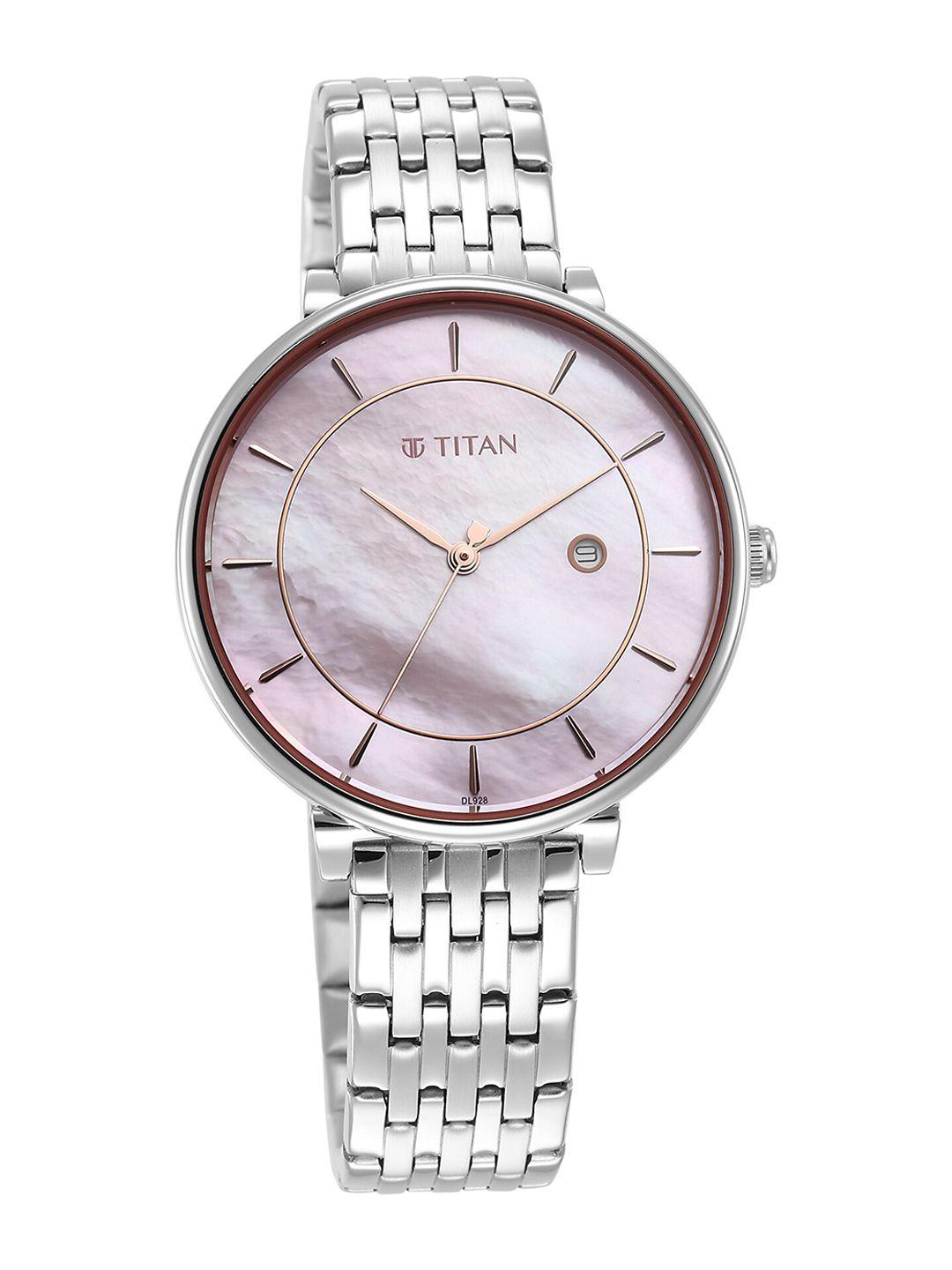 titan women mother of pearl dial & stainless steel bracelet style straps analogue watch 2673sm02