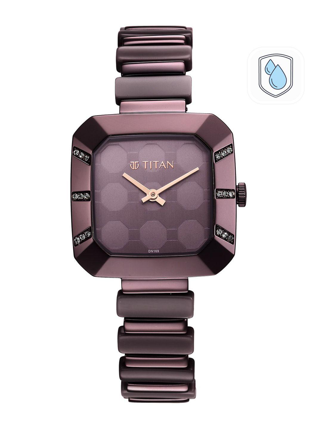 titan women purple brass embellished dial & purple bracelet style straps analogue watch