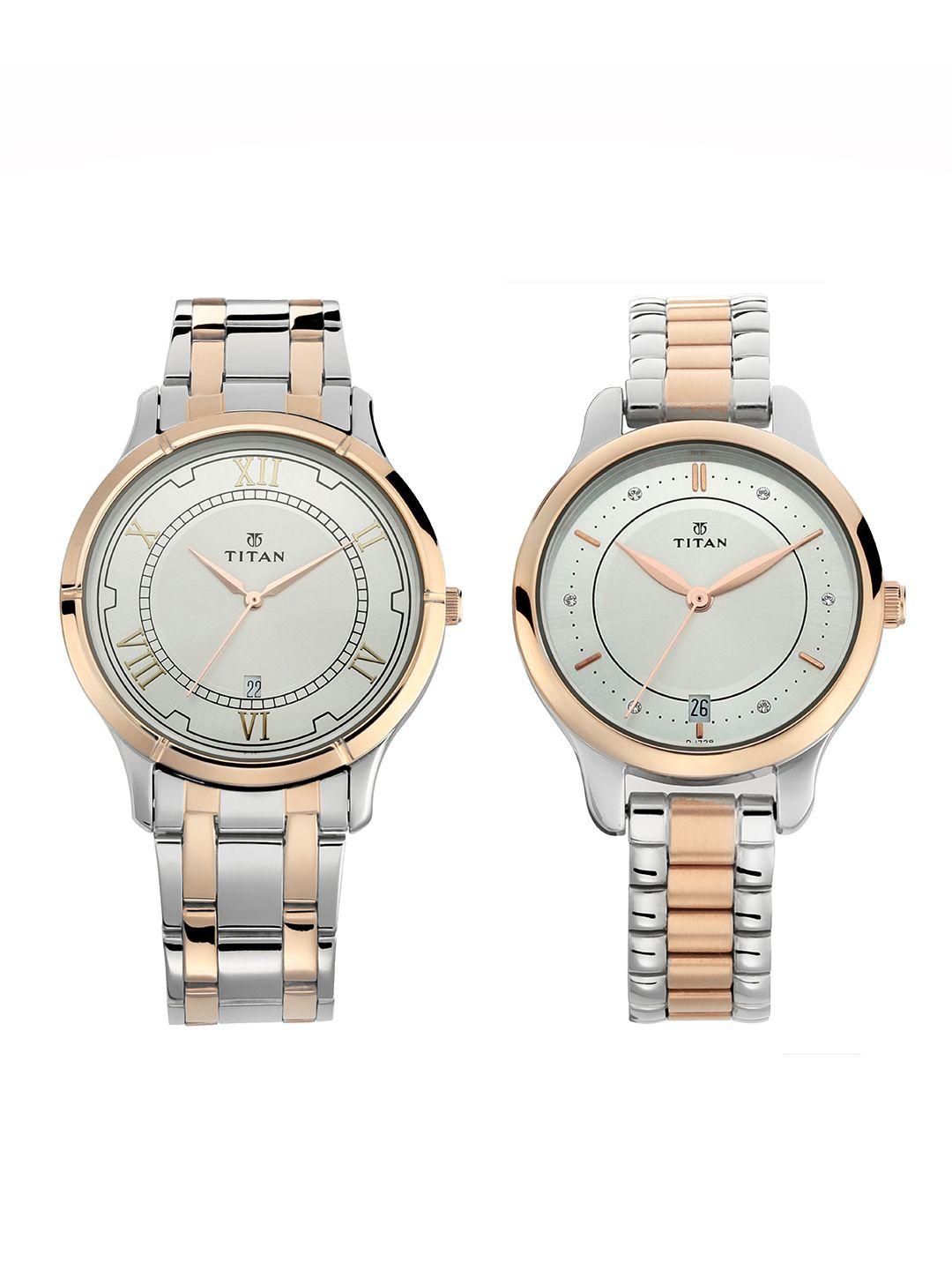 titan  silver-toned analogue couple watch gift set   nm17752481km01