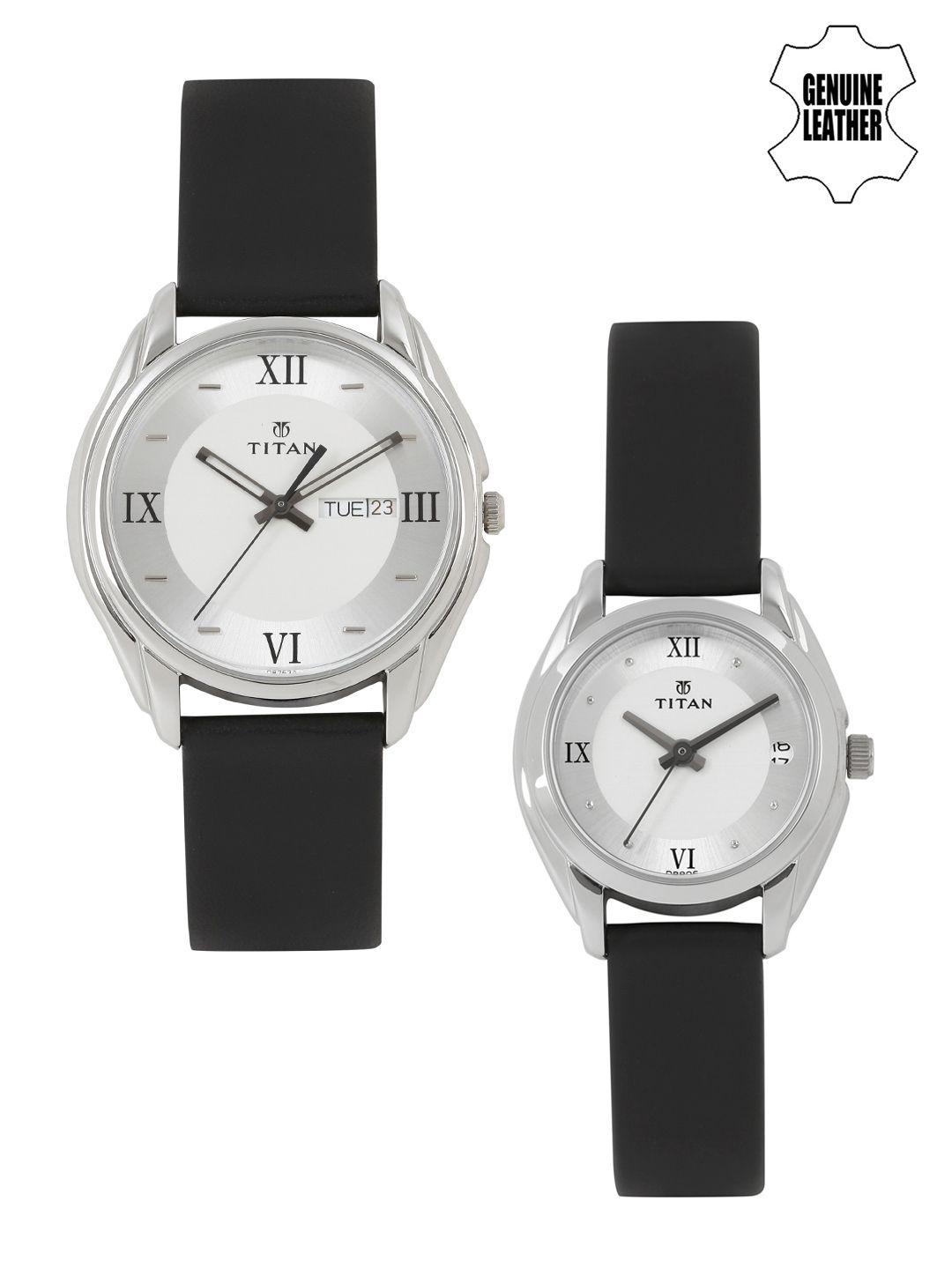 titan bandhan set of 2 his & her white & silver-toned dial watches nh15782489sl03