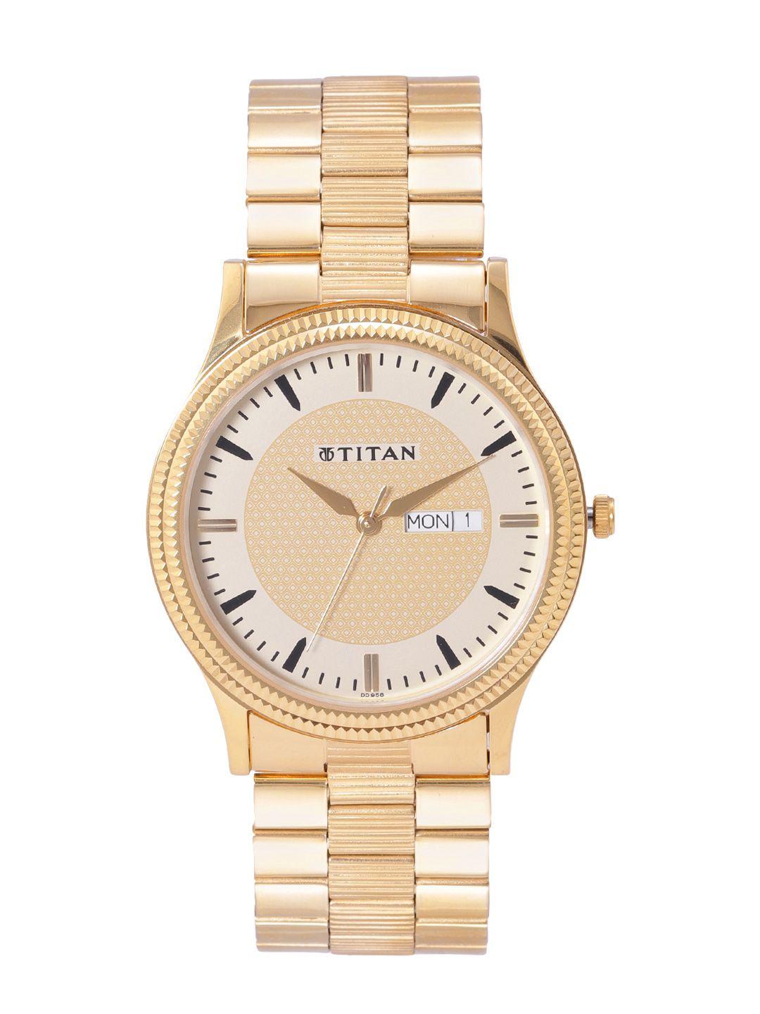 titan men beige printed dial & gold toned bracelet style straps analogue watch nk1650ym04