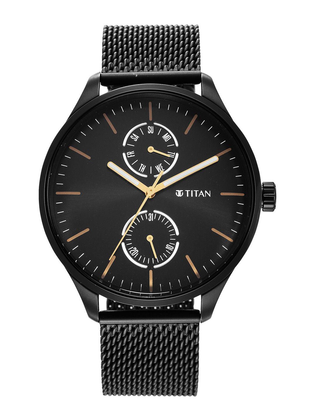 titan men black dial & stainless steel bracelet style straps analogue watch 1833nm01