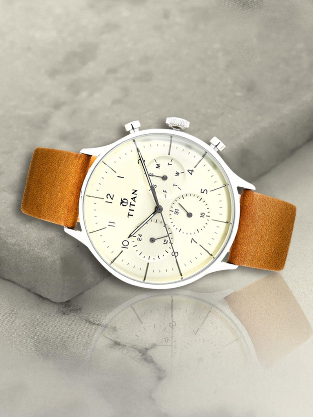 titan men cream-coloured analogue leather watch 90102sl01