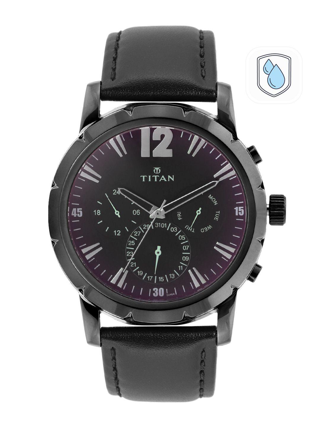 titan men leather straps analogue multi function watch nm90050ql03