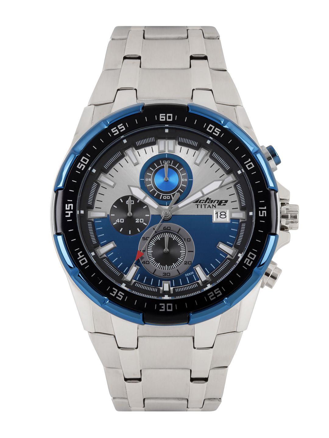 titan octane men blue & silver-toned dial chronograph watch 90044km03