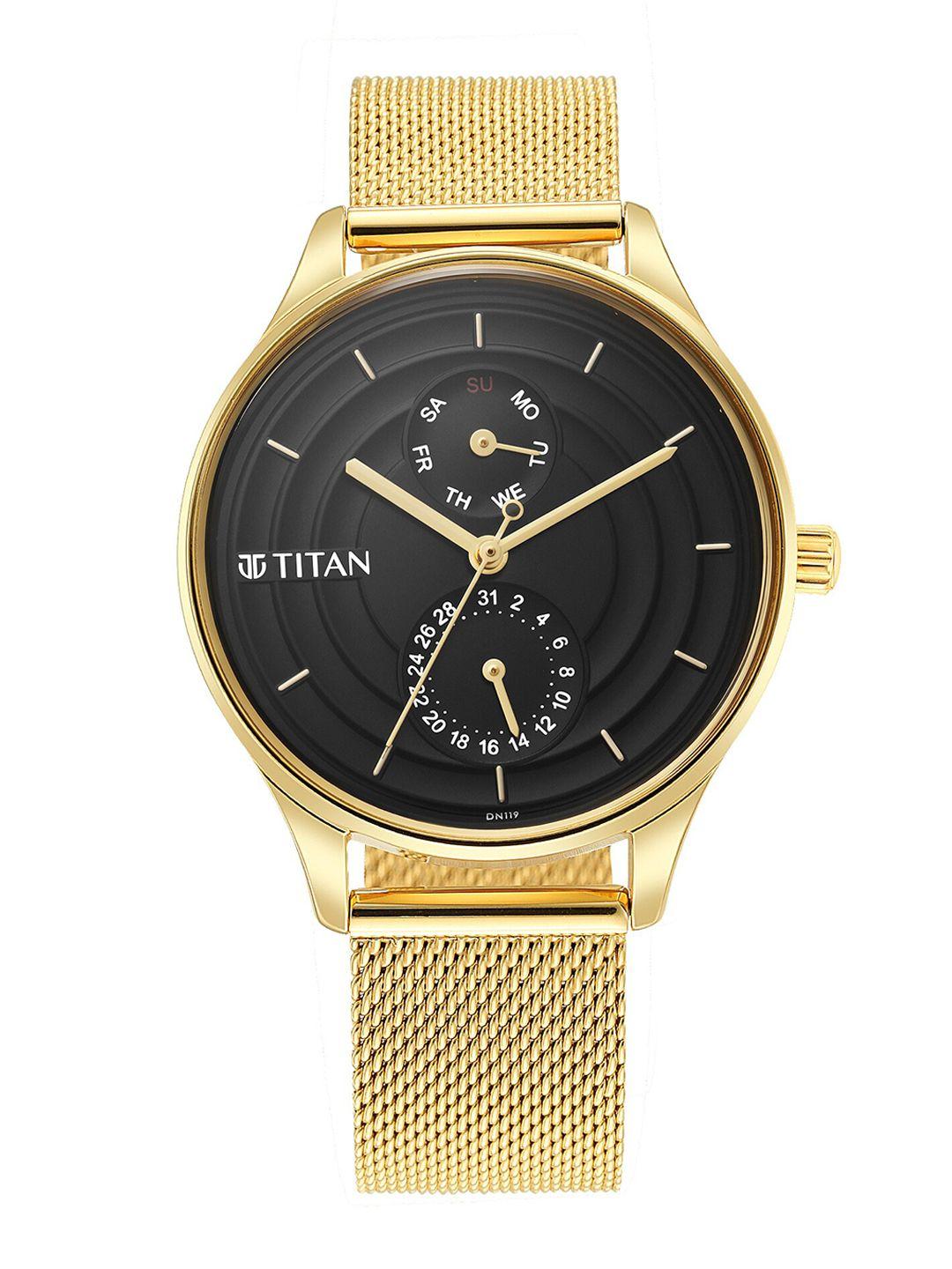 titan women black brass dial & gold-plated steel bracelet style straps analogue watch