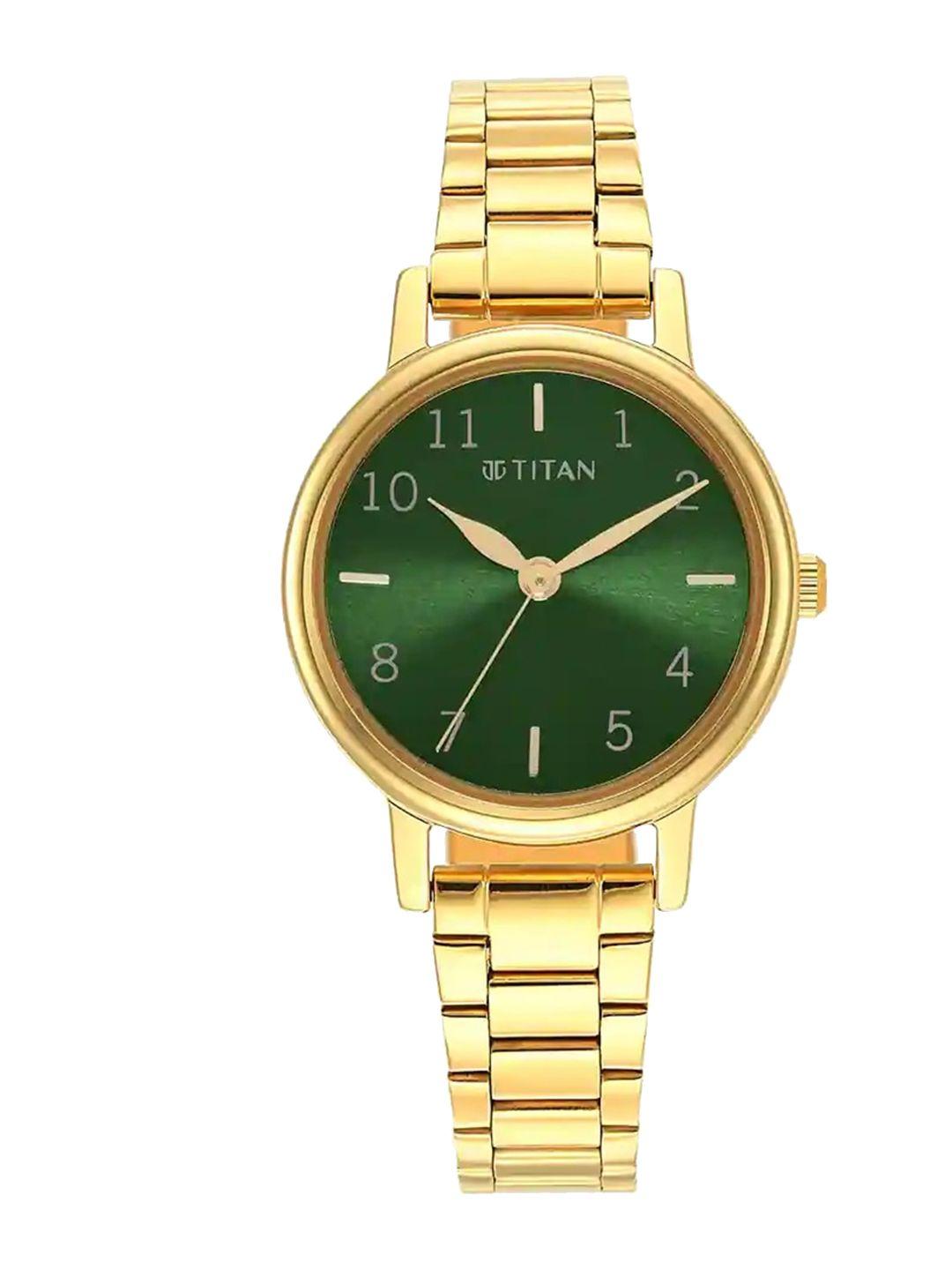 titan women brass dial & stainless steel straps analogue watch 2678ym01