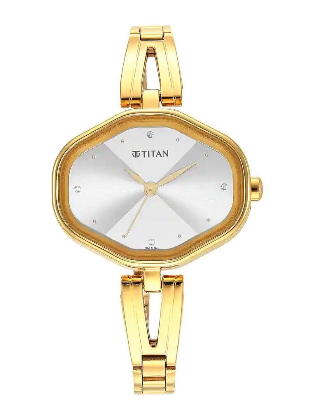 titan women brass embellished dial & stainless steel bracelet style straps analogue watch 2680ym01