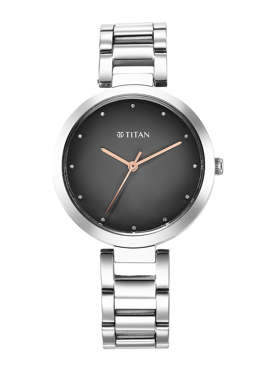 titan women embellished dial stainless steel bracelet style straps analogue watch 2480sm13