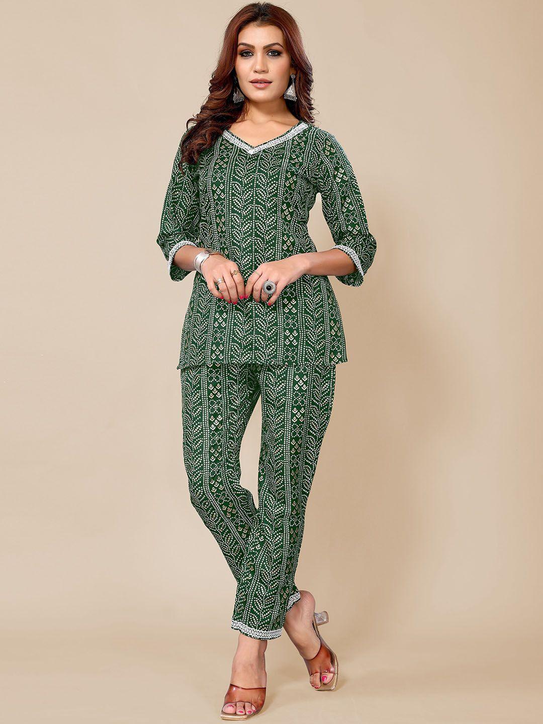 titanium silk industries pvt. ltd. bandhani printed v-neck top with trouser  co-ords