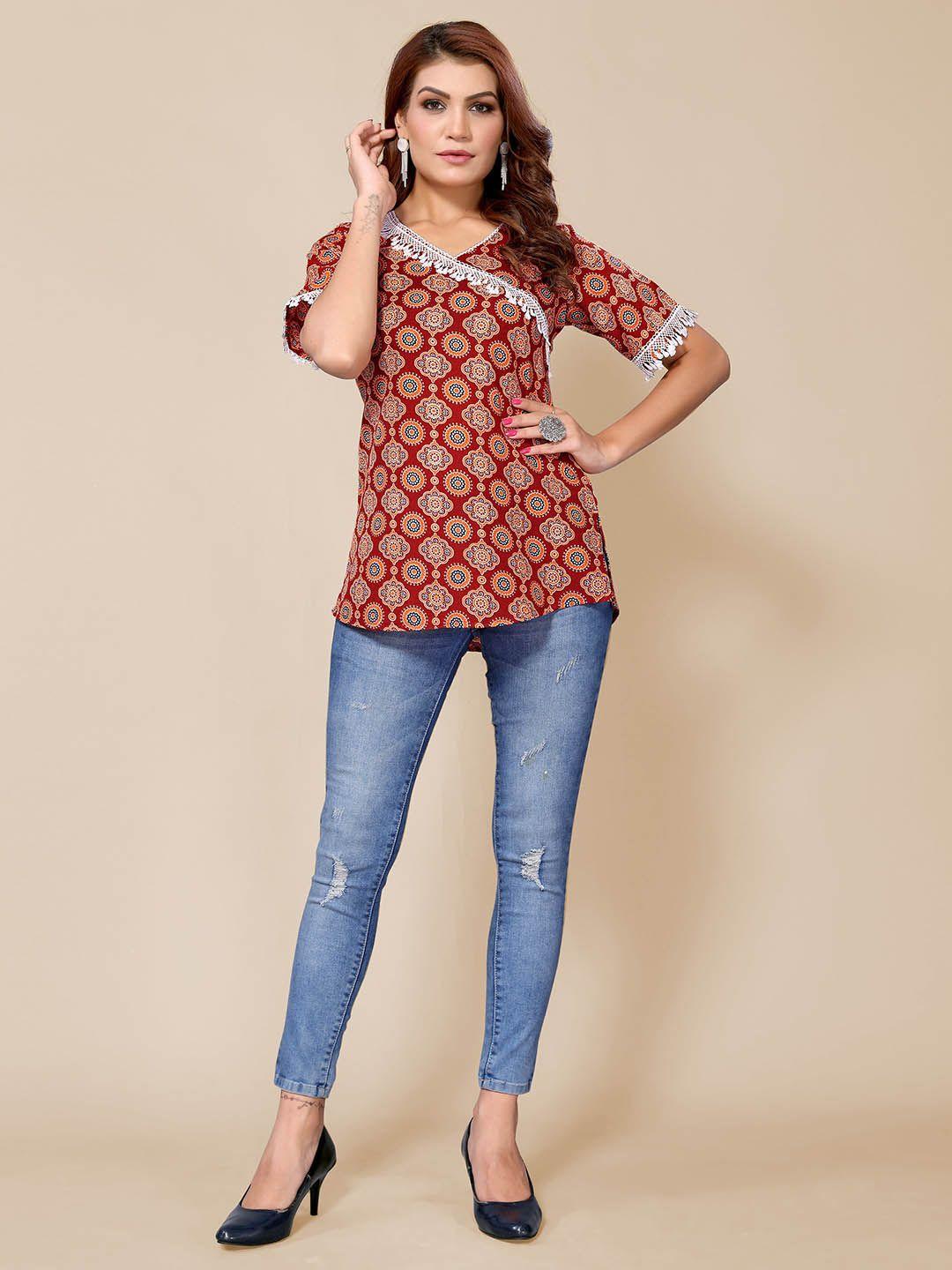 titanium silk industries pvt. ltd. maroon print ethnic cotton lace top