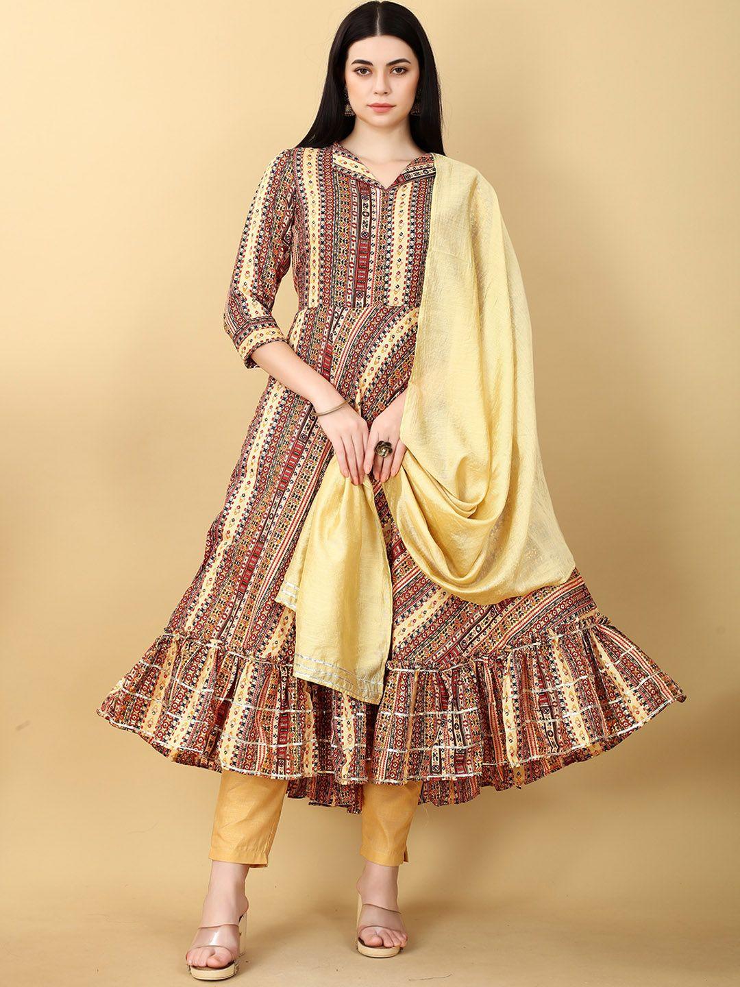 titanium silk industries pvt. ltd. striped v-neck anarkali kurta with trousers & dupatta