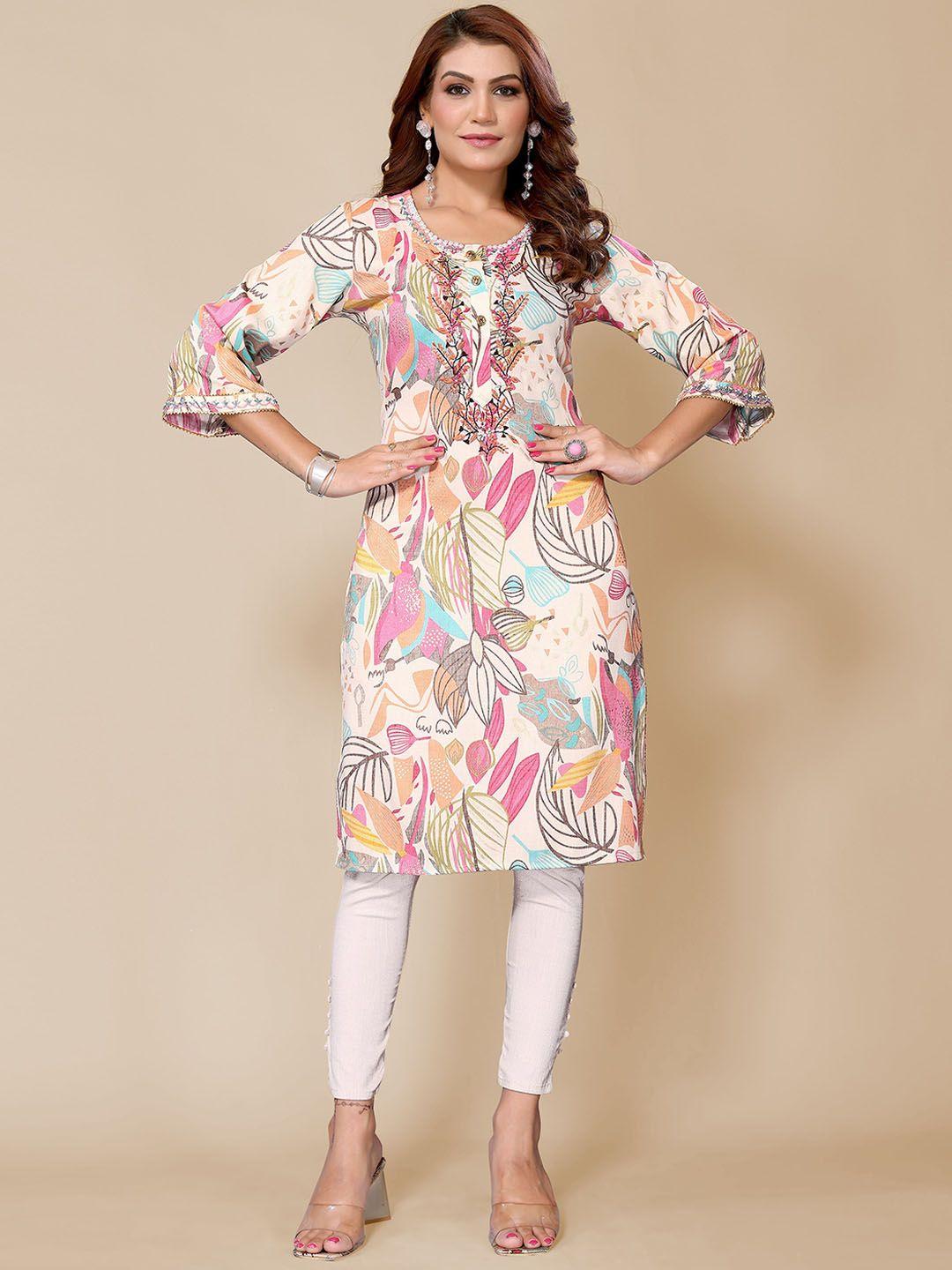 titanium silk industries pvt. ltd. women beige floral printed flared sleeves mirror work floral kurta