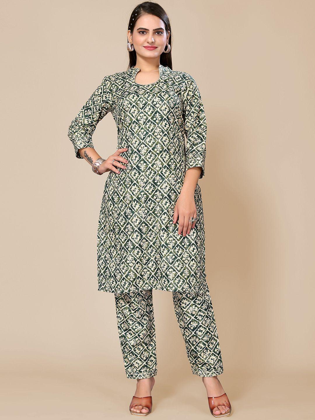 titanium silk industries pvt. ltd. women green floral printed regular kurta with trousers