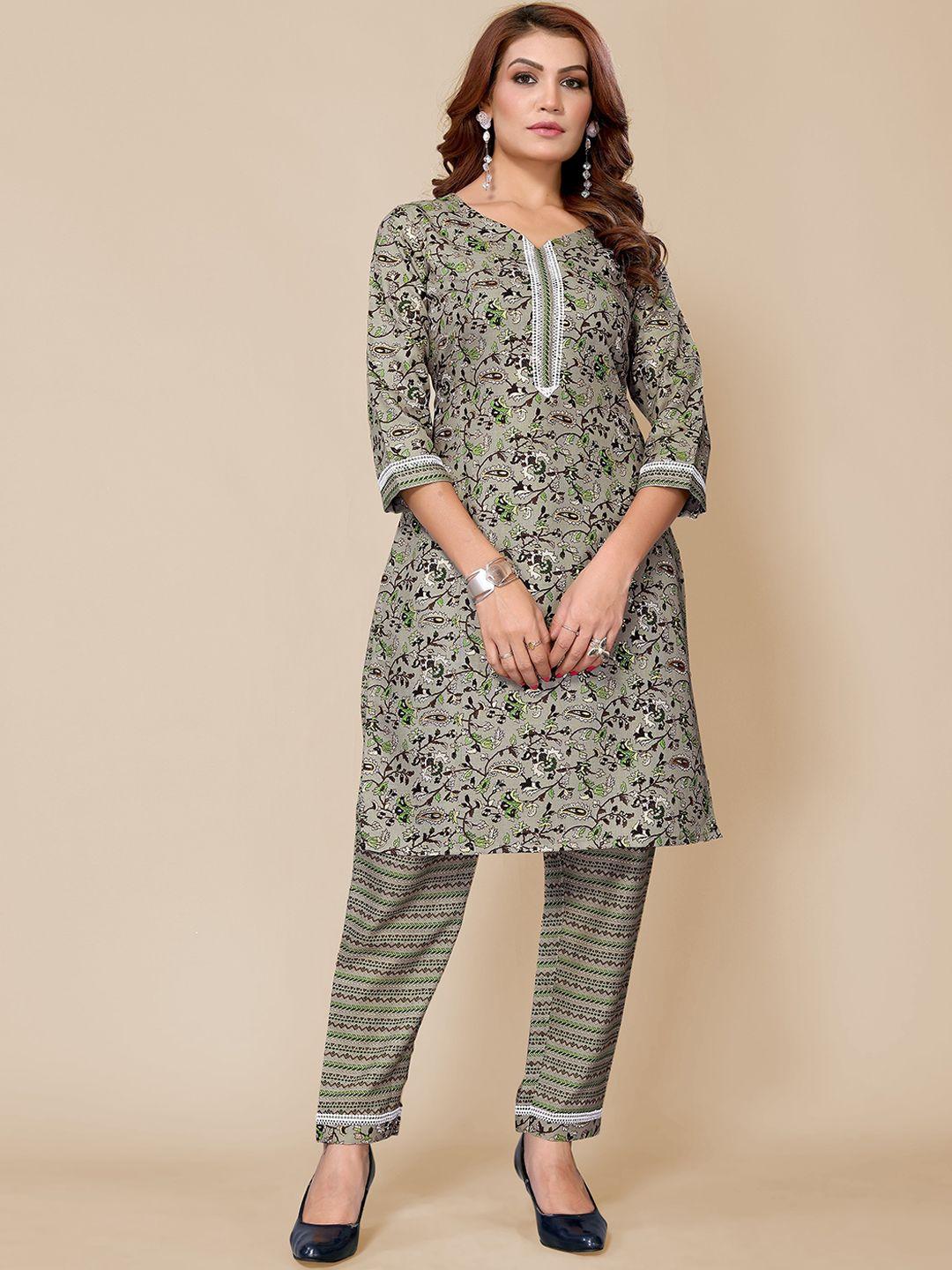 titanium silk industries pvt. ltd. women green floral printed regular thread work kurta with trousers