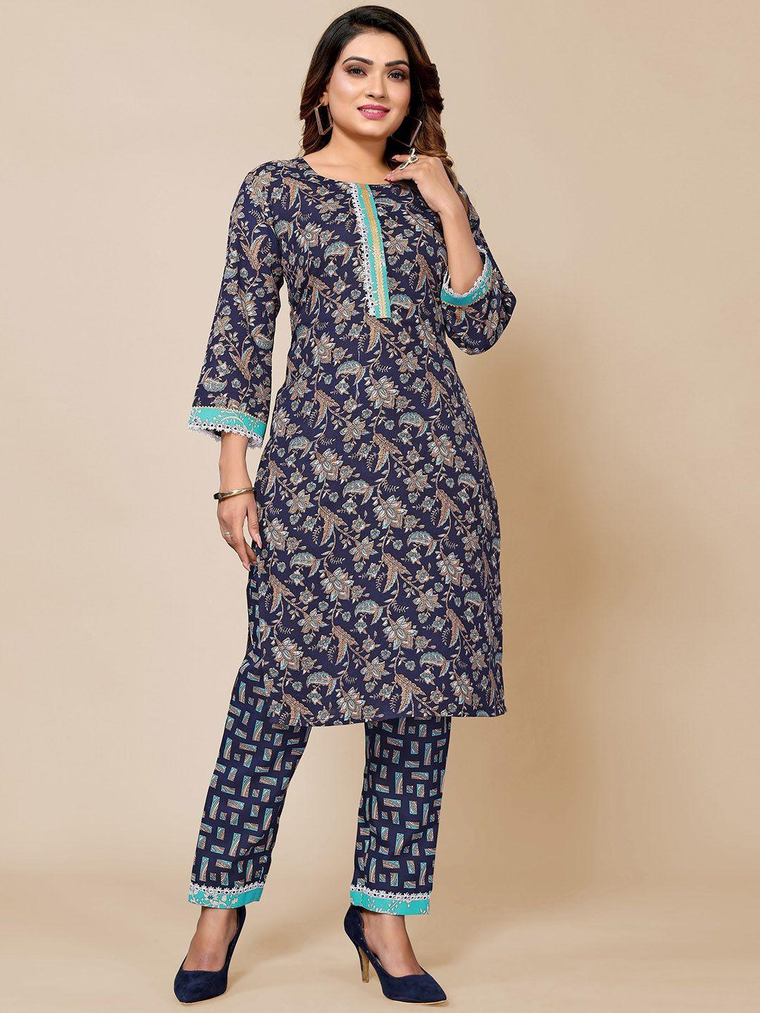 titanium silk industries pvt. ltd. women navy blue floral printed regular gotta patti kurta with trousers