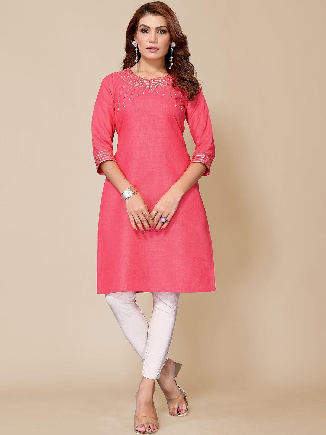 titanium silk industries pvt. ltd. women pink floral printed flared sleeves thread work floral kurta