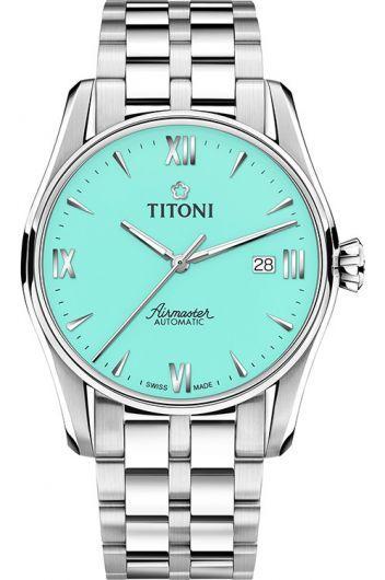 titoni airmaster turquoise dial automatic watch with steel bracelet for men - 83908 s-691